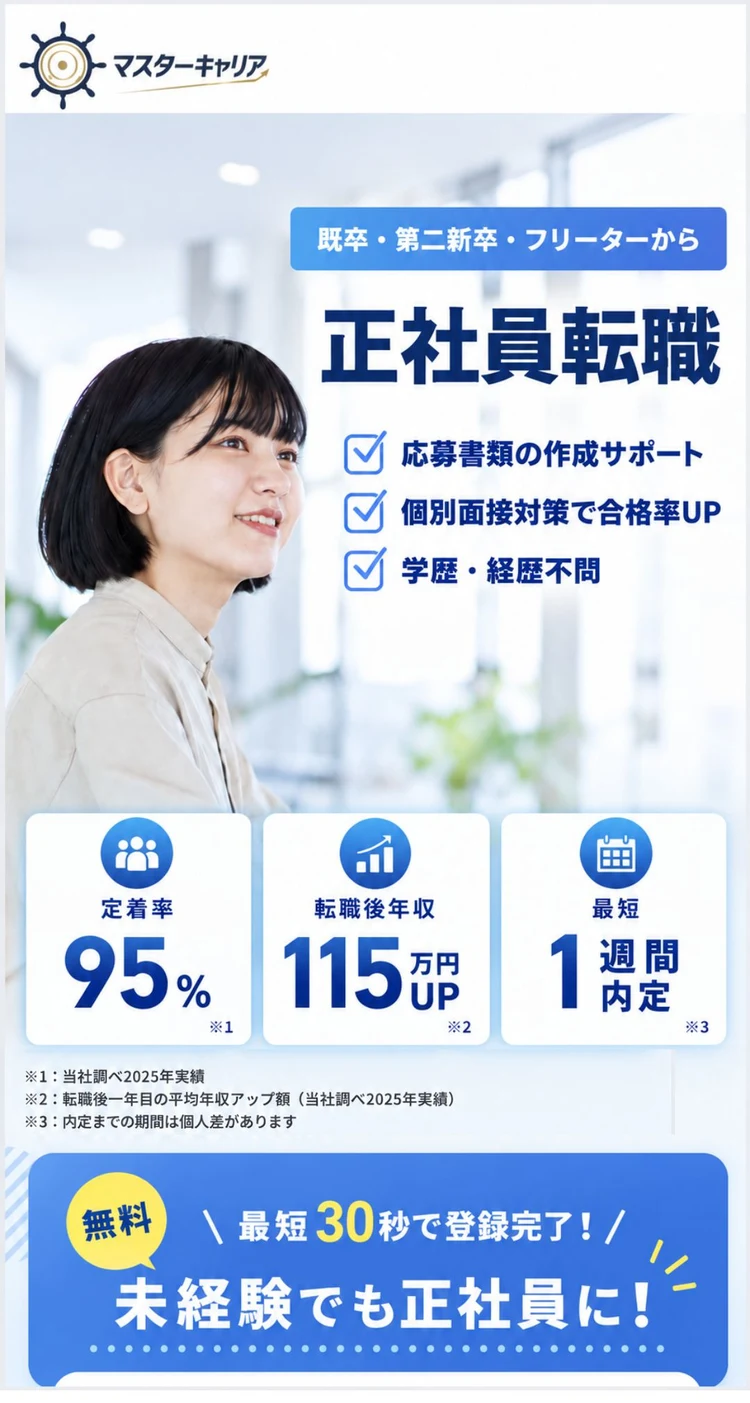 マスターキャリア。既卒・第二新卒・フリーターから正社員転職。応募書類の作成サポート、個別面接対策で合格率UP、学歴・経歴不問。定着率95%（当社調べ2025年実績）、転職後年収115万円UP（転職後一年目の平均年収アップ額・当社調べ2025年実績）、最短1週間内定（内定までの期間は個人差があります）。